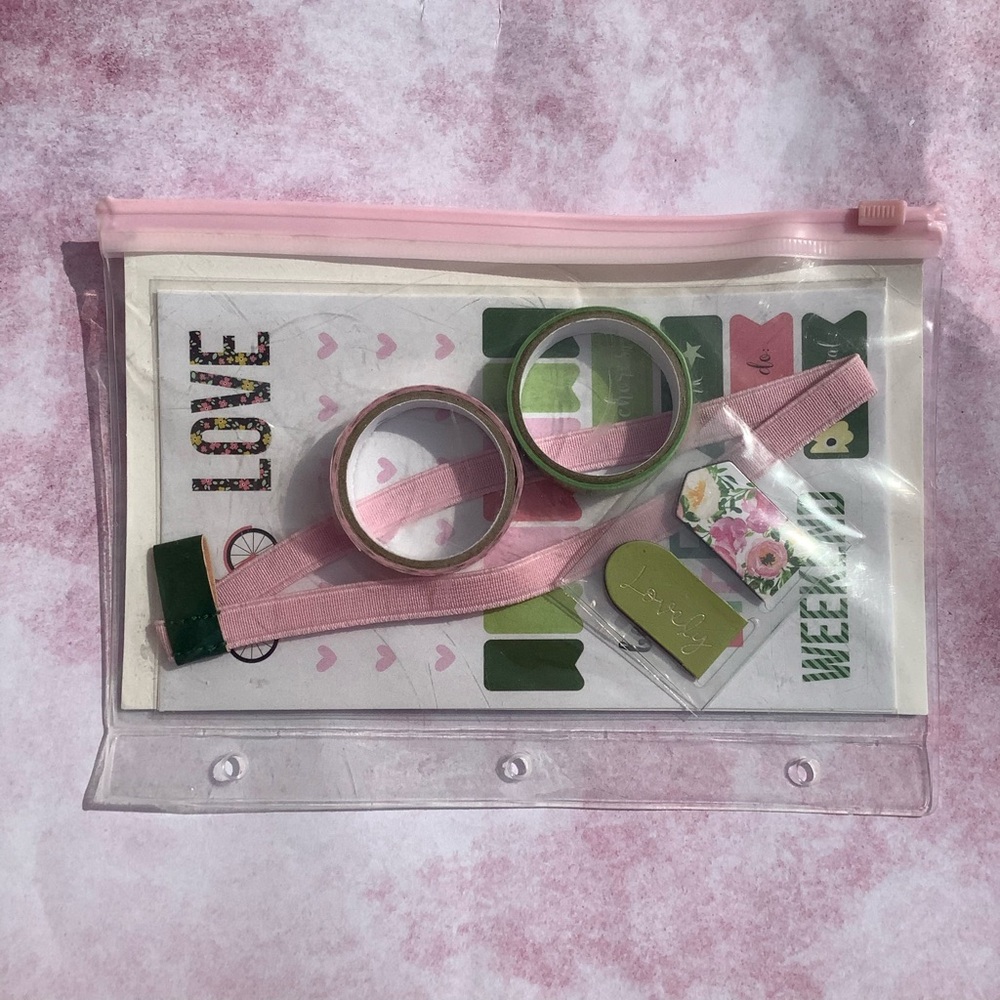 Journal Kit Set of Stickers Tapes Ribbon and Plastic Tabs Kit Zipper Pouch